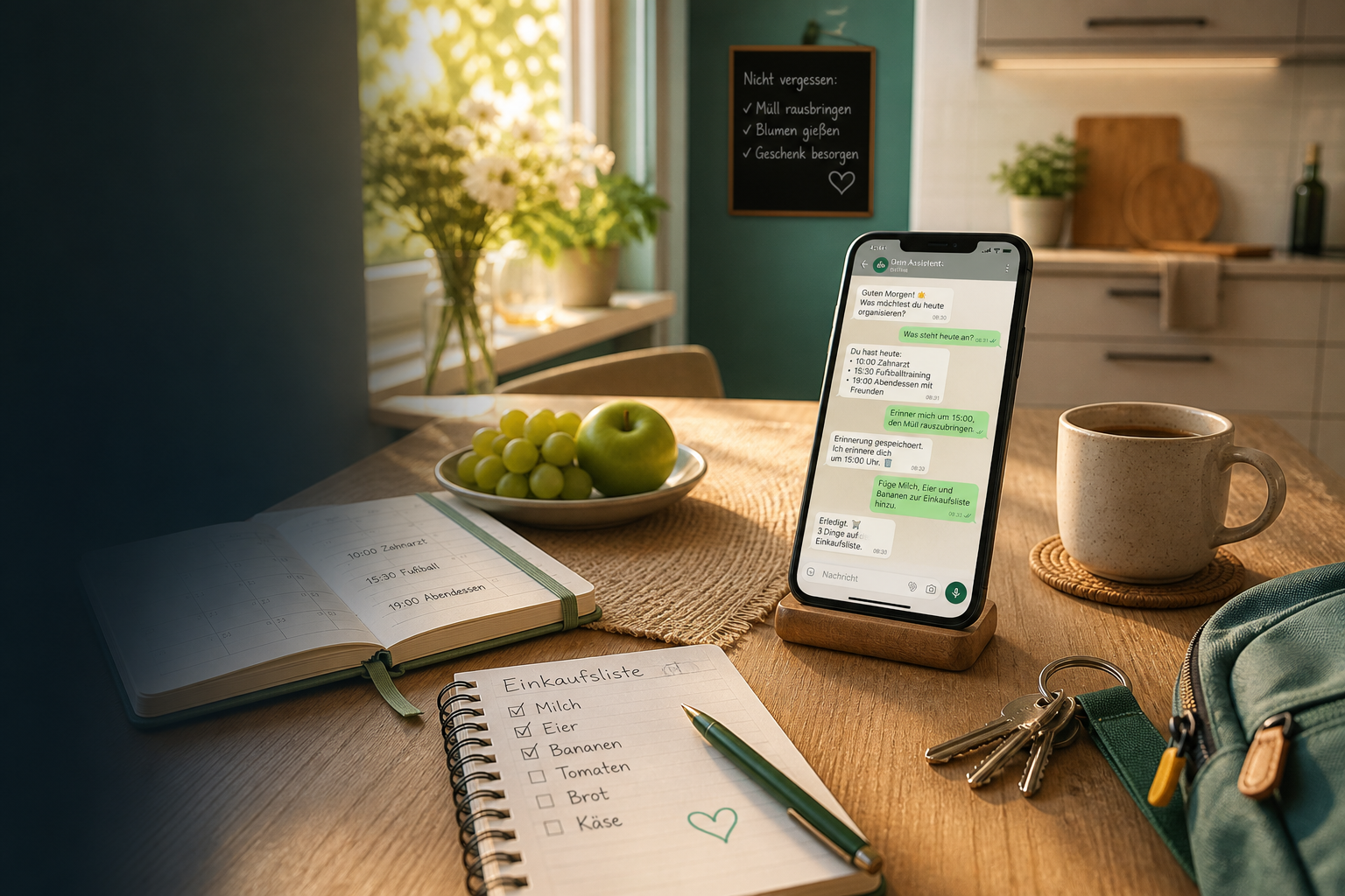 Organisierter Familientisch mit Smartphone, Kalender und Einkaufsliste